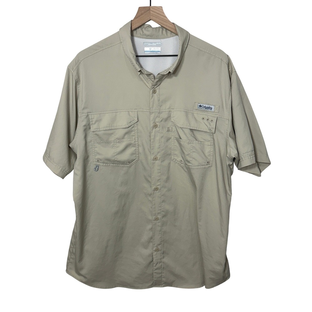 Columbia PFG Shirt Men Large Tan Short Sleeve Outdoor Fishing Utility Camp Shirt